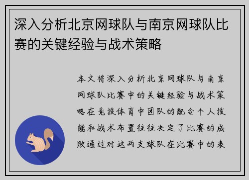 深入分析北京网球队与南京网球队比赛的关键经验与战术策略