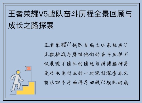 王者荣耀V5战队奋斗历程全景回顾与成长之路探索